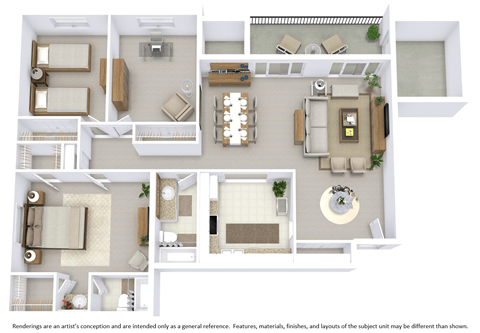 This is a 3D-floor plan providing a detailed, angled view of the space with room layouts, furniture placement, and spatial flow. Features 3 bedroom/s, 2 bathroom/s, and approximately 1380 Sq. Ft